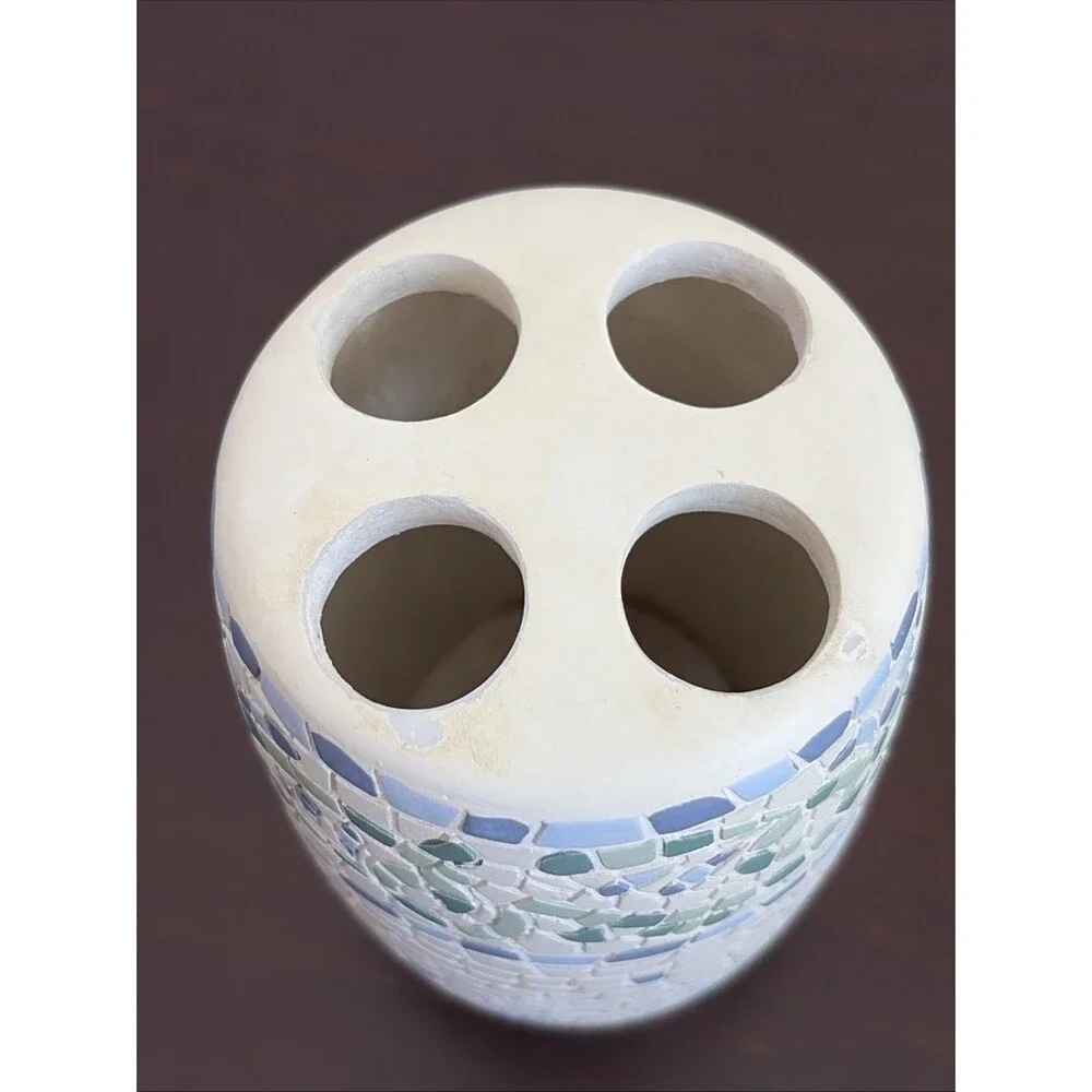 Casual Home Ceramic Toothbrush Holder Mosaic Blue Green And Cream  5 In Tall